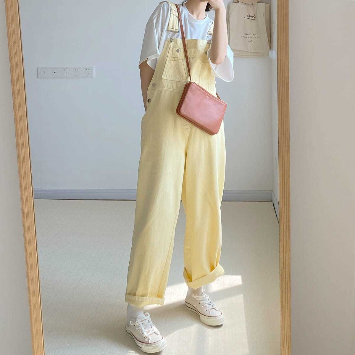 Salopette di Jeans Giallo Pastello