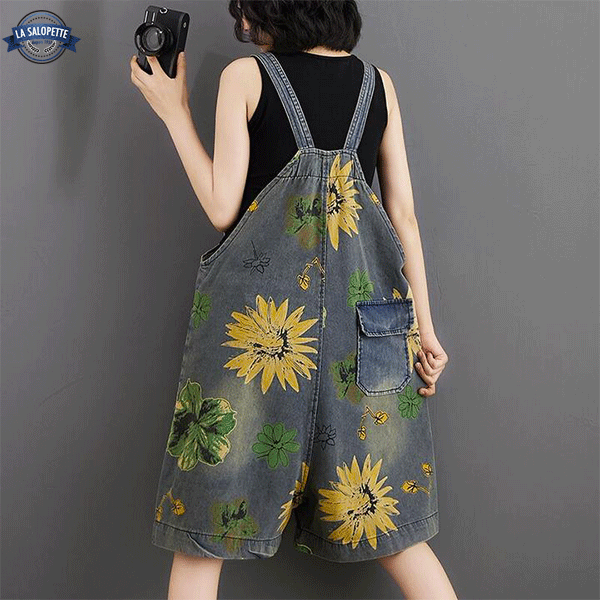 Salopette di Jeans Stampa Floreale Giamaicana