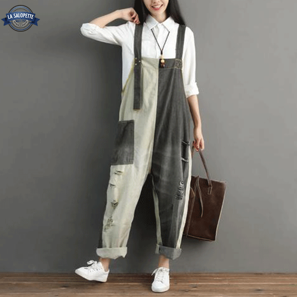 Salopette di Jeans Bianco e Nero