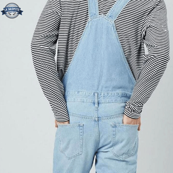 Salopette di Jeans Azzurro Strappato Crudo