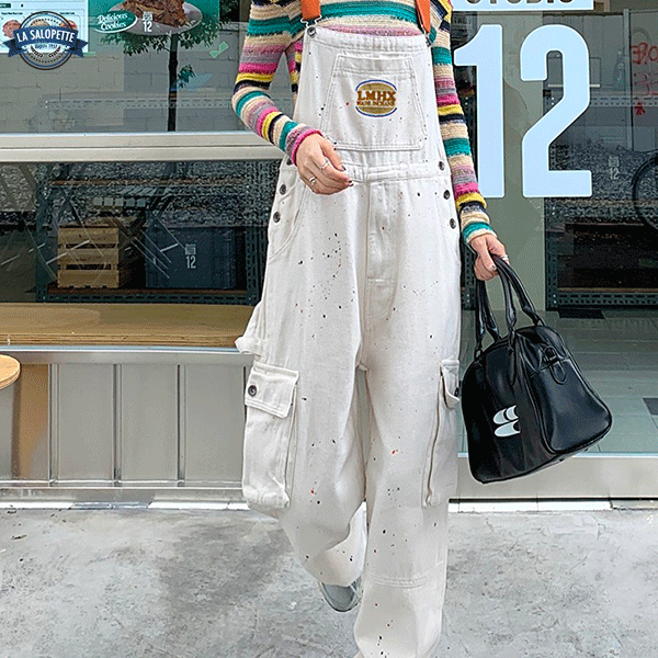 Salopette in Jeans Bianco Macchiato