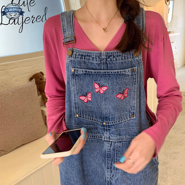 Salopette in Jeans Ricamo Farfalla