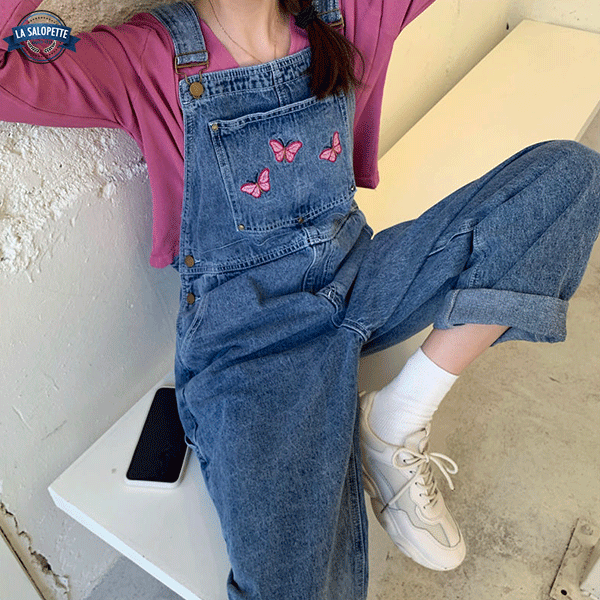 Salopette in Jeans Ricamo Farfalla