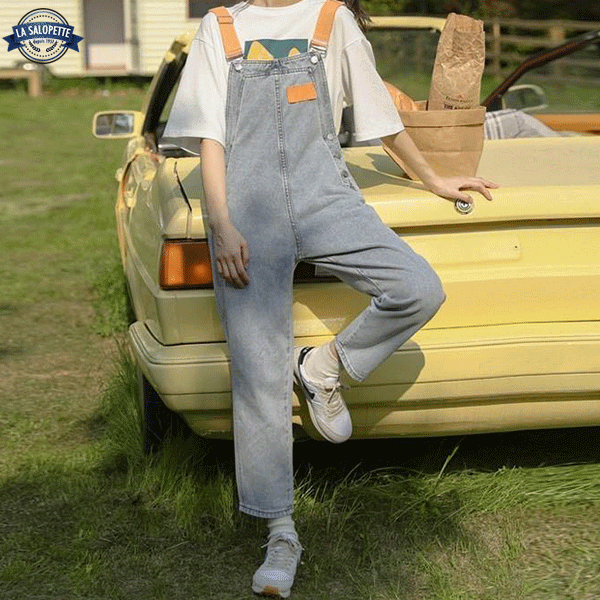 Salopette di Jeans Bretella Colore Arancio