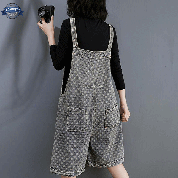 Salopette Corta in Jeans a Pois Grigi