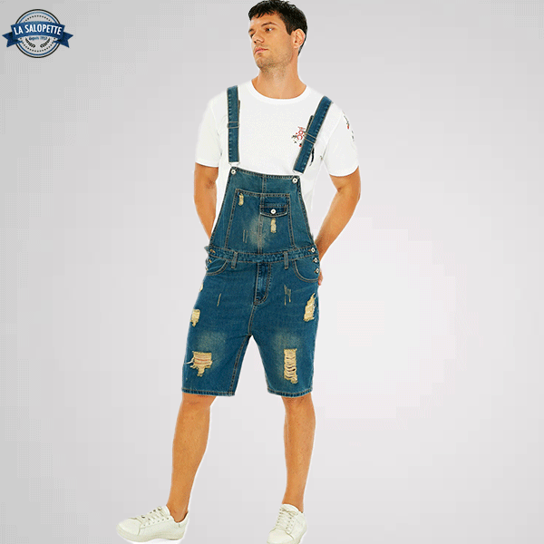 Salopette Corta in Jeans Strappato