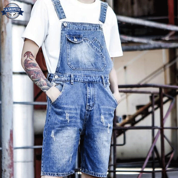 Salopette Corta Denim Blu Lavato da Uomo