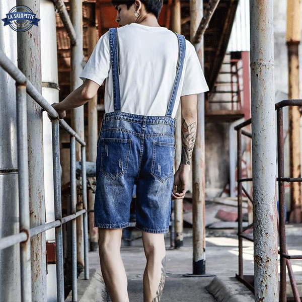 Salopette Corta Denim Blu Lavato da Uomo
