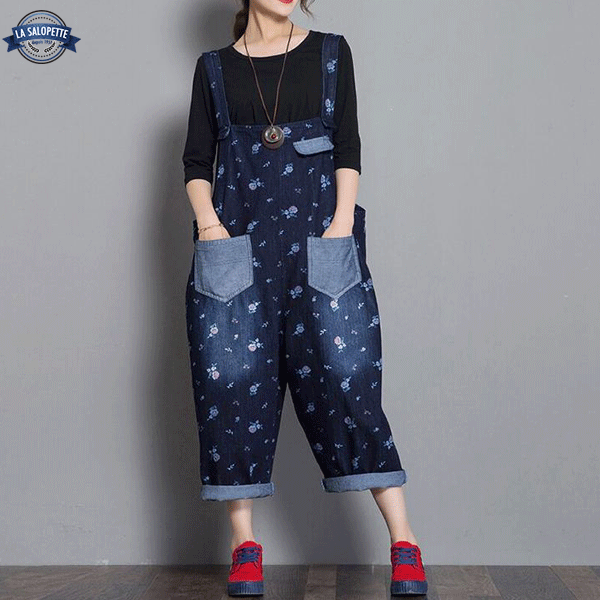 Salopette di Jeans Blu Con Fiori
