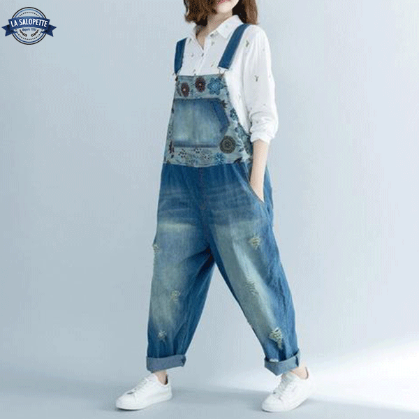 Salopette di Jeans Grande con Fiore Arabi