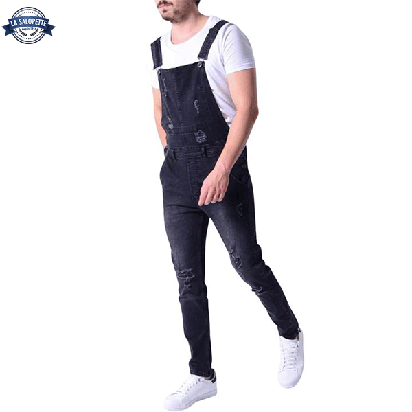 Salopette di Jeans Nero con Foro
