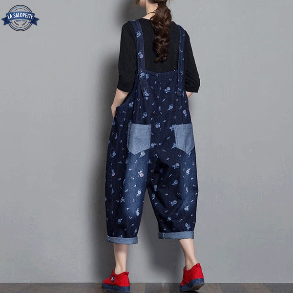 Salopette di Jeans Blu Con Fiori