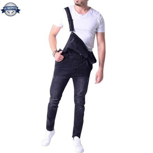 Salopette di Jeans Nero con Foro