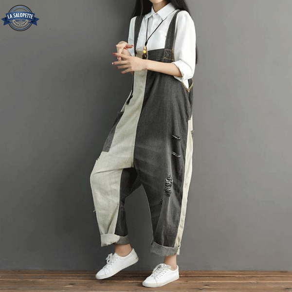 Salopette di Jeans Bianco e Nero