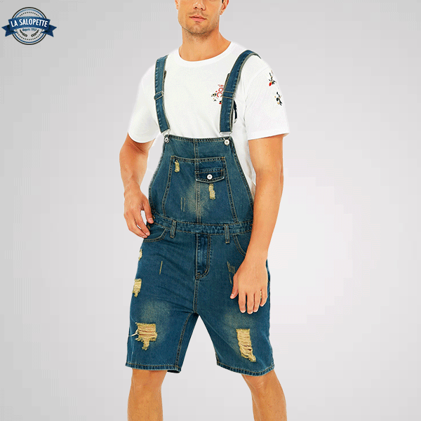 Salopette Corta in Jeans Strappato