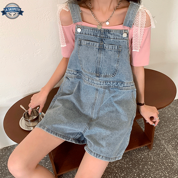 Salopette Corta in Jeans Chiaro Lassy