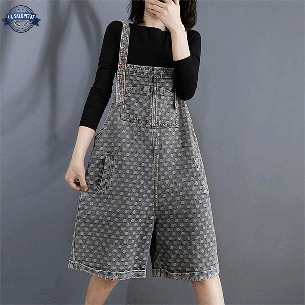 Salopette Corta in Jeans a Pois Grigi